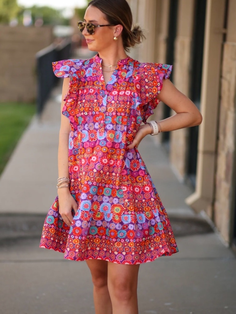 Pinch Red and Purple Floral Ruffle-Sleeve Mini Dress